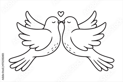 Two love doves kissing with heart above silhouette a white background