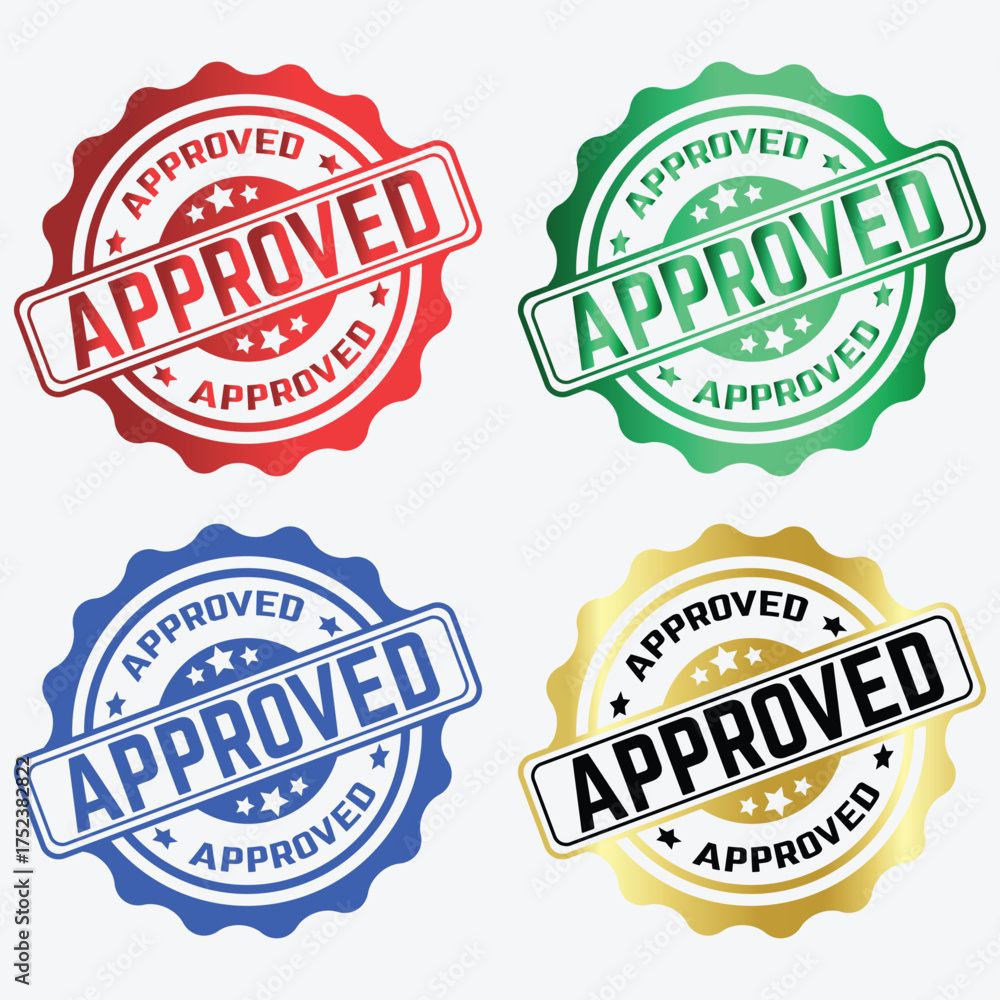 Obraz premium Set of four official APPROVED rubber stamp seals in red, green, blue, and gold metallic styles, perfect for certification, documentation, and quality assurance