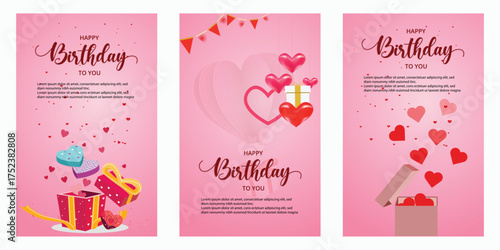 Set of three vertical pink Happy Birthday banners with romantic hearts, exploded gift boxes and elegant script typography ideal for social media posts and stories