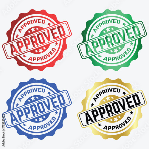 Set of four official APPROVED rubber stamp seals in red, green, blue, and gold metallic styles, perfect for certification, documentation, and quality assurance