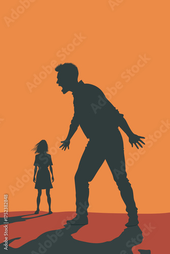 Silhouette of a man shouting at a woman, symbolizing anger, fear, and emotional abuse, minimalist artwork on orange background representing conflict and trauma.