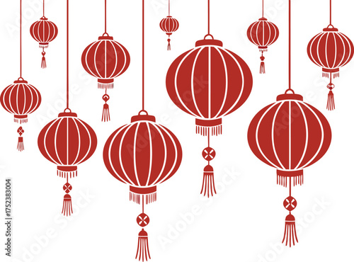 Collection of traditional red chinese lanterns hanging and illuminating festive celebrations