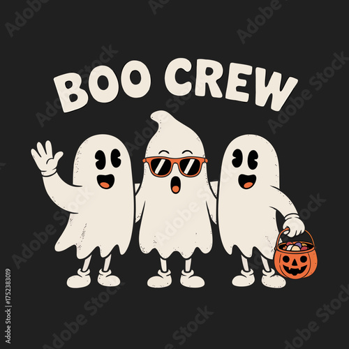 A retro-style Halloween illustration with three
cartoon ghosts on a black background. The text "BOO CREW" is at the top in white, bold, rounded letters