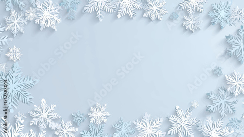 Elegant white snowflake border on frosty blue background, winter Christmas frame template perfect for festive greeting cards or seasonal design.