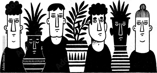 Tribal folk art scene featuring ceramics and plants for boho decor and design