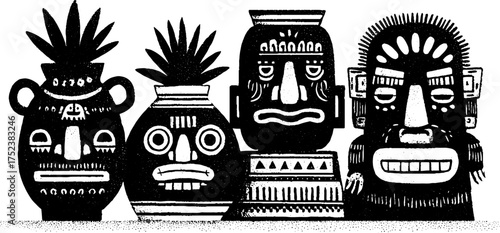 Tribal folk art ceramic scene in blackwork style – perfect for home decor and cultural design