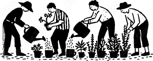 Tribal folk art scene of gardeners in blackwork style for nature design and decoration