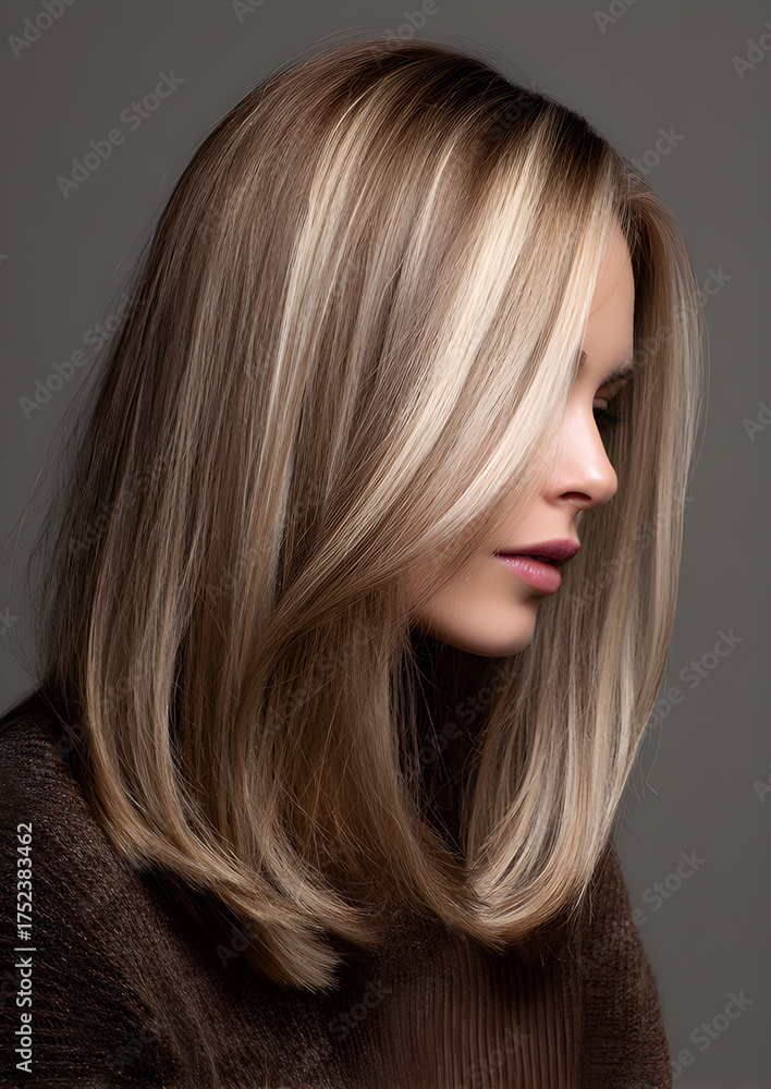 Naklejka premium A beautiful woman with sleek, shoulder-length blonde hair with prominent face-framing highlights, wearing a brown turtleneck sweater, profile view, studio lighting, natural makeup