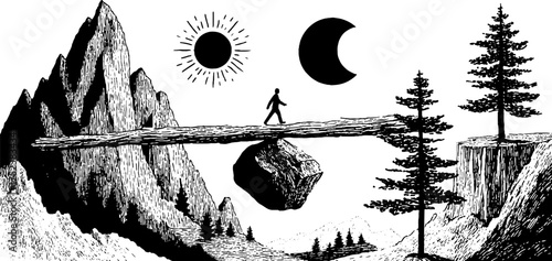 Tribal folk art silhouette of equilibrium scene with celestial elements for design projects