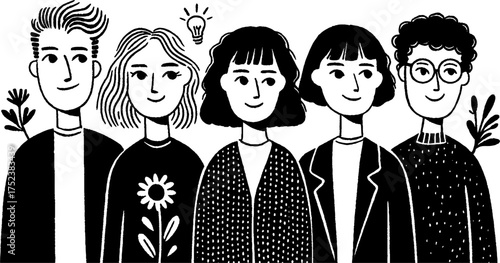 Tribal folk art blackwork illustration of diverse entrepreneurs in scandinavian linocut style