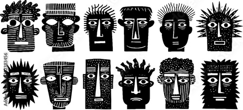Tribal folk art faces in blackwork illustration - expressive silhouette sketch for cultural design