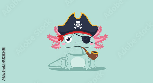 A cute axolotl dressed as a pirate with an eyepatch and smoking a pipe.