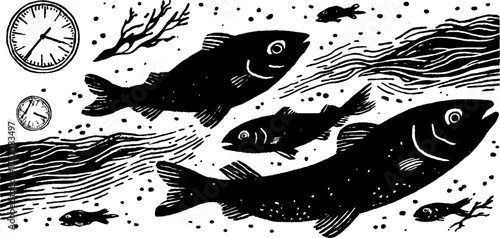 Scandinavian tribal folk art featuring fish in blackwork style for creative poster design