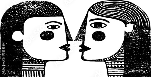 Tribal folk art silhouette with blackwork texture - inner connection scene for print design