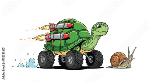 A hilarious depiction of a fast turtle on wheels with rockets racing a snail.