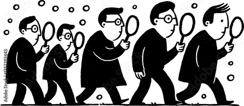 Tribal folk art blackwork style silhouette of people with magnifying glasses