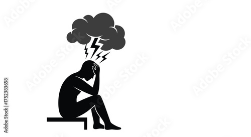 A silhouette of a person sitting and holding their head with a storm cloud above them.