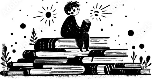 Tribal folk art scene featuring silhouette of figure on books with celestial elements for inspirational design