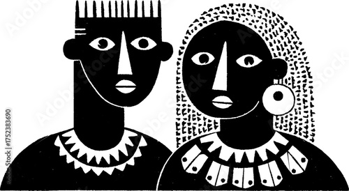 Tribal folk art silhouette of meditative figures in blackwork illustration style