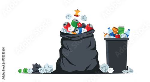 A large black garbage bag overflowing with trash next to a trash can filled with recycling.