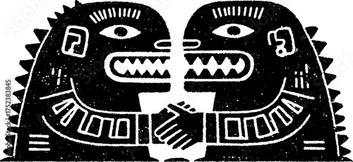 Tribal folk art silhouette scene of negotiation in blackwork style for vintage design