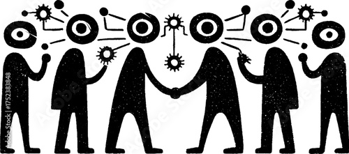 Tribal folk art blackwork illustration of neural connections and human interaction