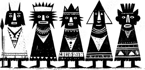 Tribal folk art silhouette design for vintage print or poster