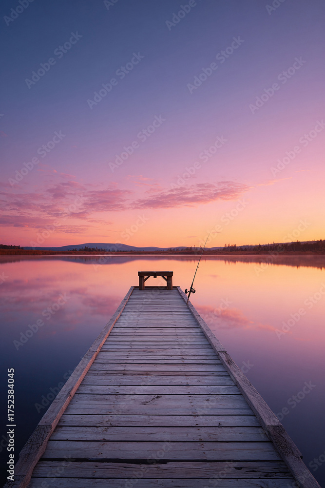 Obraz premium A serene sunrise paints the sky in pink hues over a tranquil lake, reflected perfectly on the waters surface. A wooden dock extends into the calm water, promising peace and quiet.