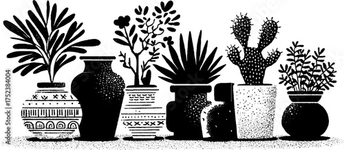 Surreal tribal folk art scene featuring diverse botanical blackwork silhouettes