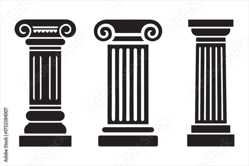 Three classical greek ionic columns icon silhouette a white background