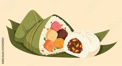A collection of traditional Asian rice dumplings and steamed buns.