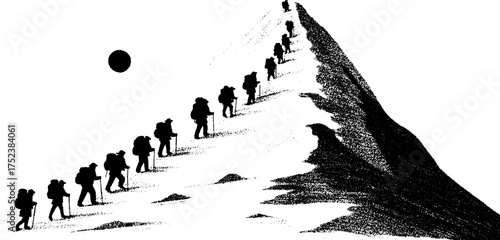 Tribal folk art hikers silhouette in blackwork style ascending mountain for adventure design