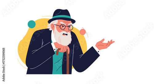 An elderly man with a beard and hat is juggling.
