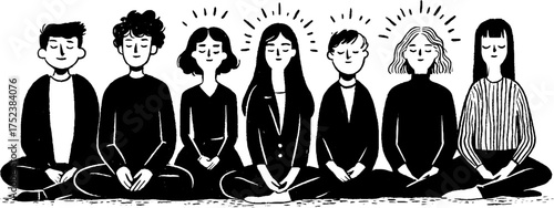 Tribal folk art blackwork illustration of meditative group in silhouette style