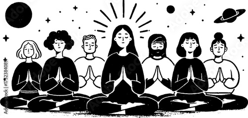 Meditative cosmic gathering in tribal folk art silhouette style