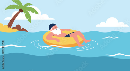 Santa Claus enjoying a relaxing vacation floating on the ocean.