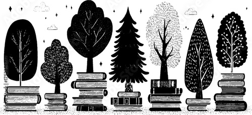 Tribal folk art scene depicting trees of wisdom with blackwork style for inspirational design