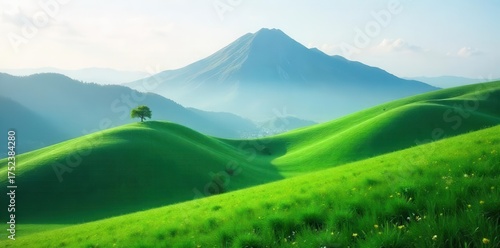 Rolling emerald hills climb towards a misty peak , backdrop, clouds