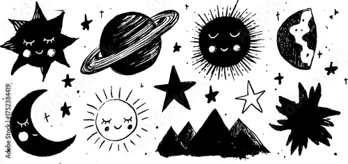 Celestial tribal folk art in abstract blackwork style for design and decoration