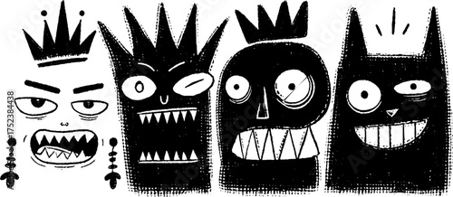 Tribal folk art faces in blackwork illustration for unique design