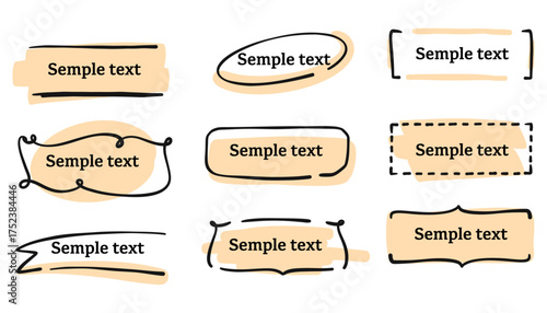 Doodle hand drawn frames and banners set. Rustic brush stroke style with cute tags, labels, and ornaments. Ideal for text boxes, headlines, badges, invitations, and decorative graphic design elements.