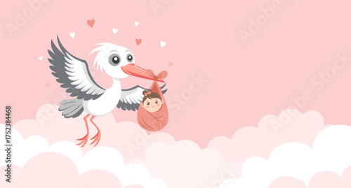 Baby shower invitation banner with stork carrying cute baby in bag on pink sky background for greeting card, baby album, girl birthday party, poster.