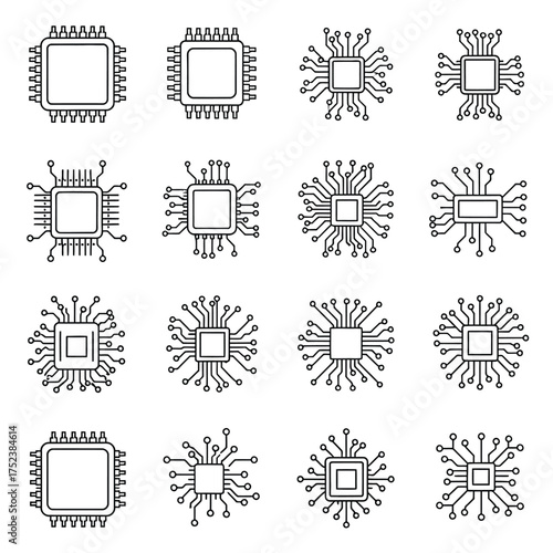 Microchip Icons Set, Outline Style processor cpu technology computer electronics circuit integrated silicon hardware component