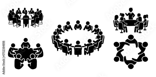 Teamwork and meeting vector icons with business people, group discussion, collaboration, communication, brainstorming, and corporate office design