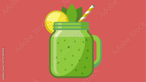 A sleek jar filled with vibrant green smoothie garnished with chia seeds and a slice of pineapple peeking out from the rim.