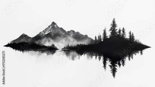 Black and white photograph of a mountain range reflected in a calm lake. the mountains are covered in snow and fog, and the sky is overcast.