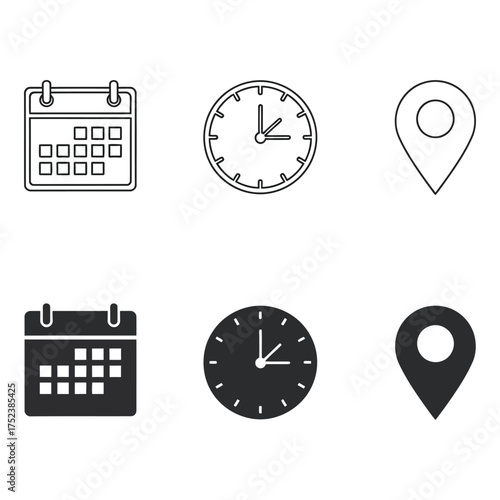 Calendar, Clock, and Location Icons time date schedule appointment pin map navigation event reminder deadline planning symbol graphic