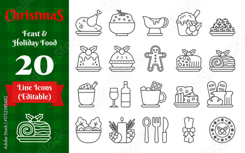 Christmas Feast and Holiday Food. Editable minimal line icon set of 20 festive dishes and drinks, perfect for restaurant menus, recipe blogs, posters, and holiday themed designs.