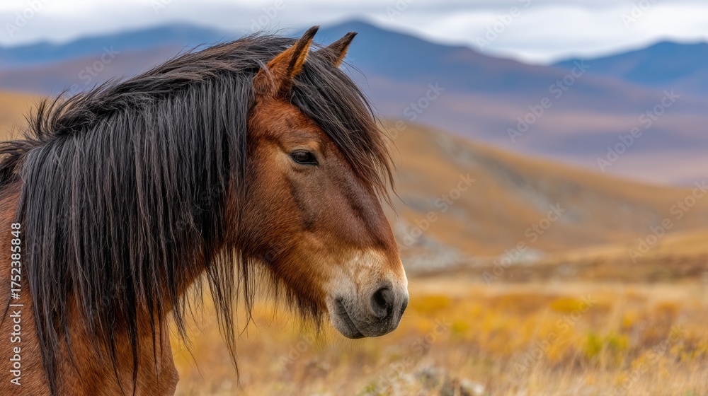 Obraz premium Nature photography captures a majestic wild stallion standing on the open plains in a closeup, serene scene shot from a low angle