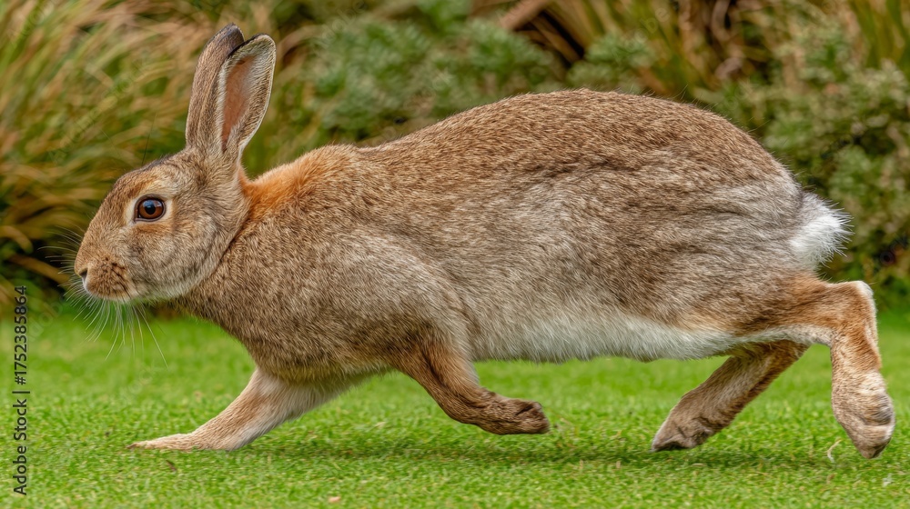 Fototapeta premium In this nature photography shot, a wild rabbit is seen hopping across a meadow with a lively green background